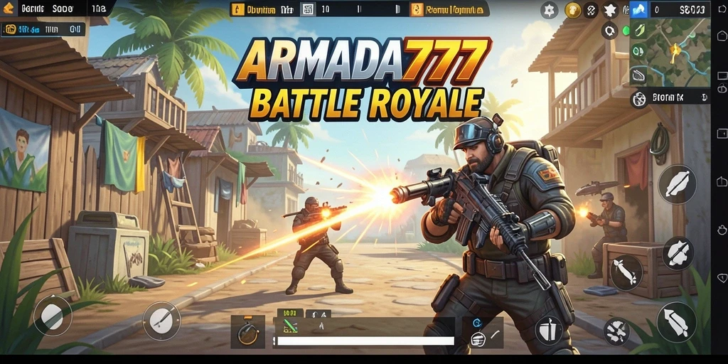 Tampilan gameplay seru di ARMADA777 menunjukkan pertempuran intens Battle Royale.