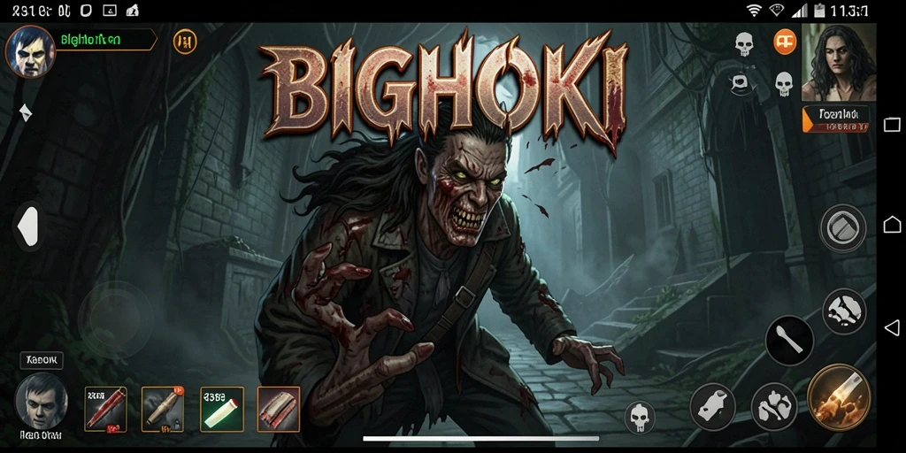 Gameplay BIGHOKI yang menegangkan menampilkan suasana kegelapan dan ketakutan.